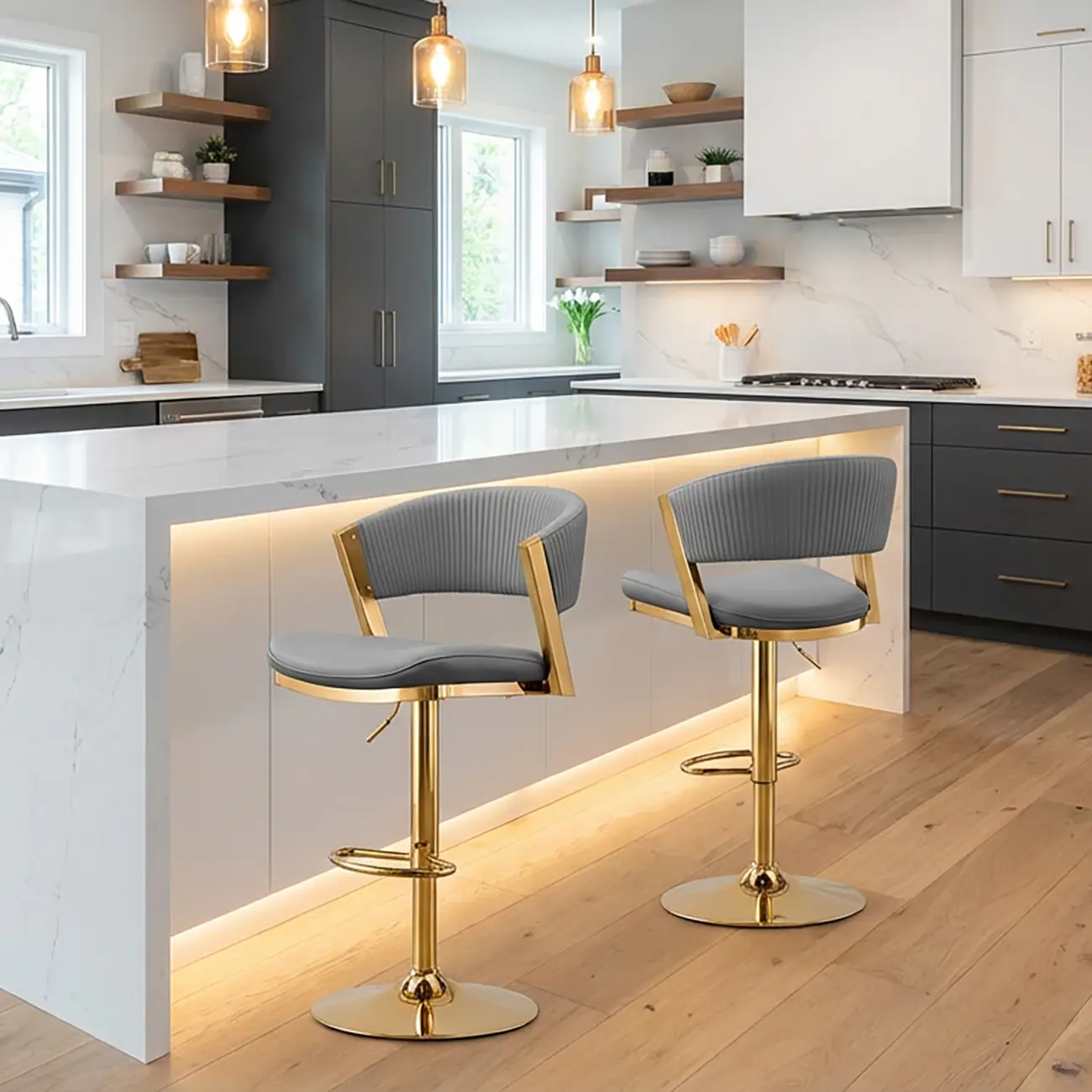 Adjustable Faux Leather Glam Swivel Bar Stools Gold Base Image - 11 | homeyfad