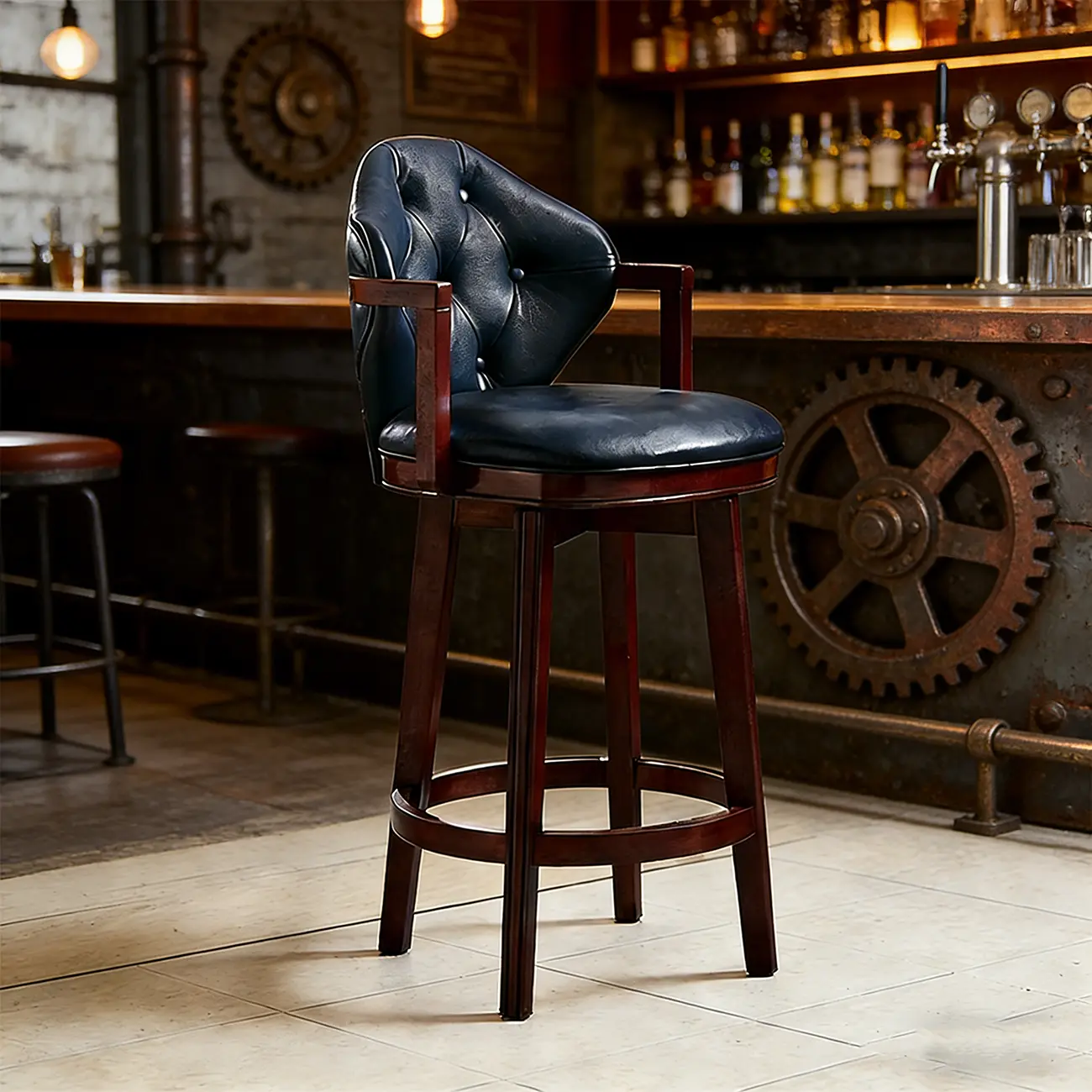 Genuine Leather Traditional Wingback Swivel Bar Stool Solid Wood Image - 9 | homeyfad