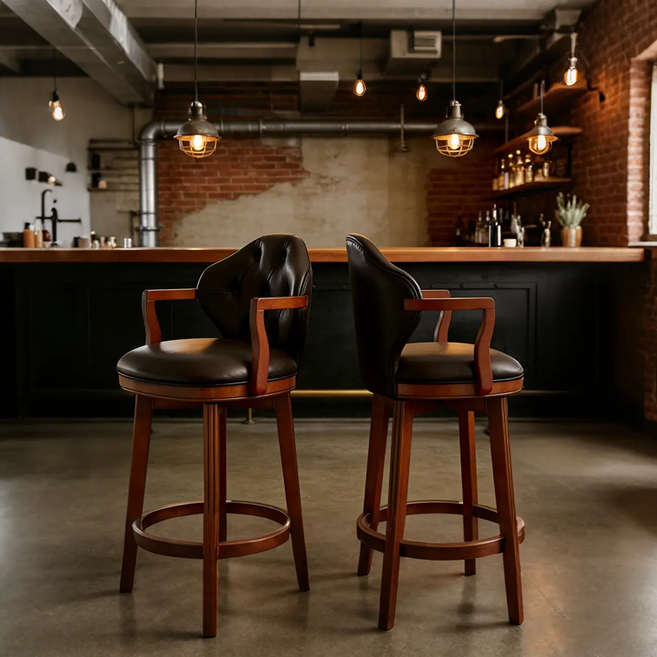 Genuine Leather Traditional Wingback Swivel Bar Stool Solid Wood Image - 10 | homeyfad