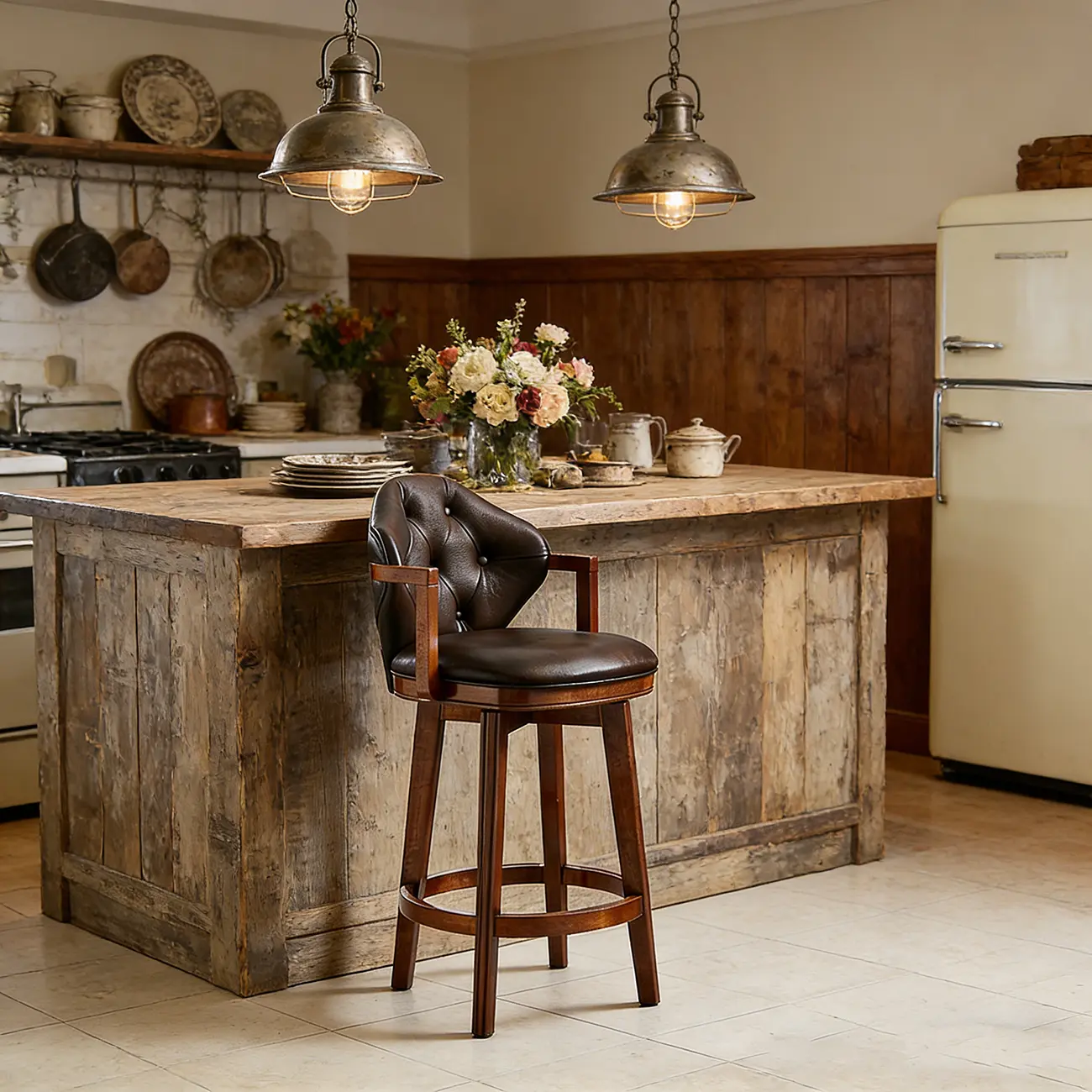 Genuine Leather Traditional Wingback Swivel Bar Stool Solid Wood Image - 7 | homeyfad