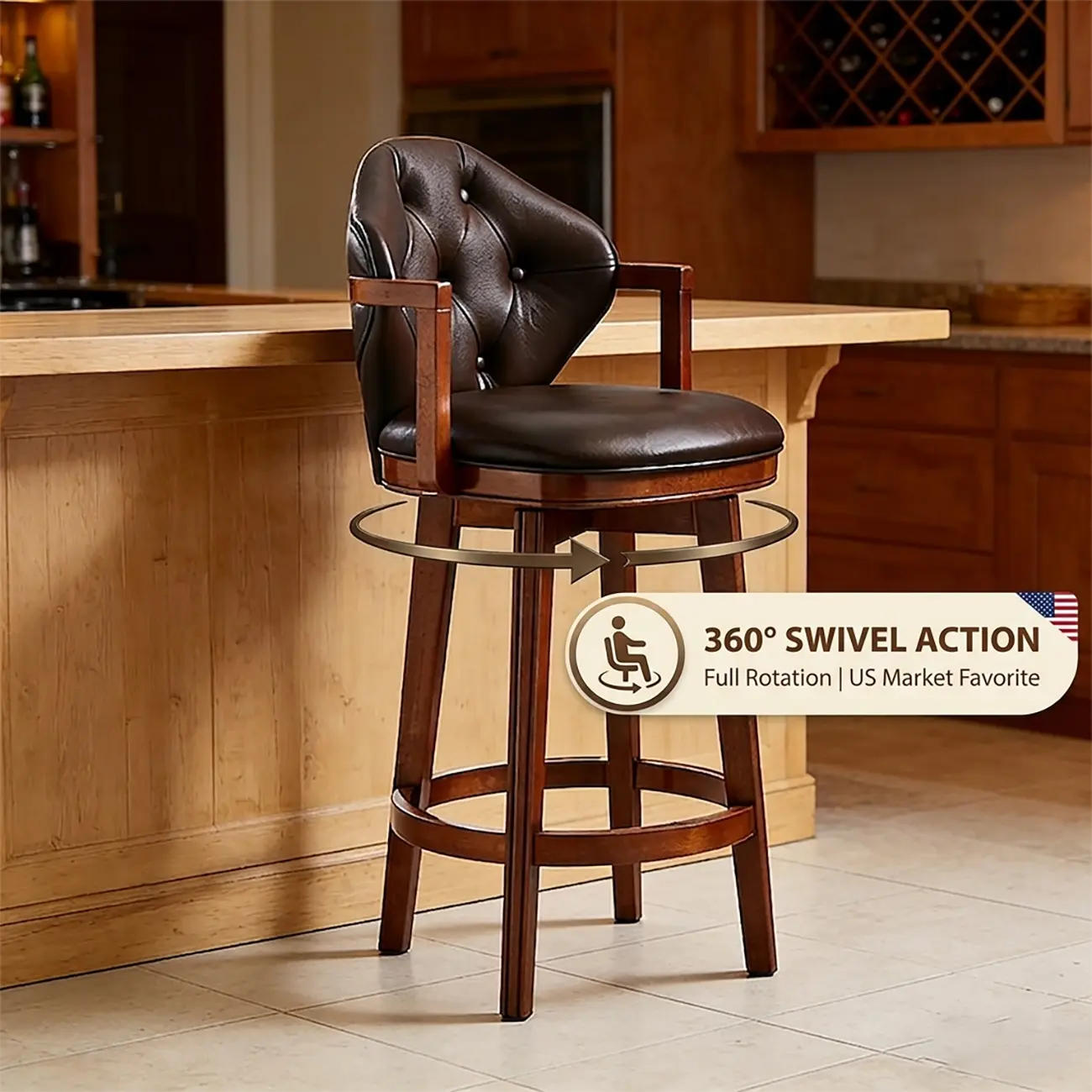 Genuine Leather Traditional Wingback Swivel Bar Stool Solid Wood Image - 5 | homeyfad