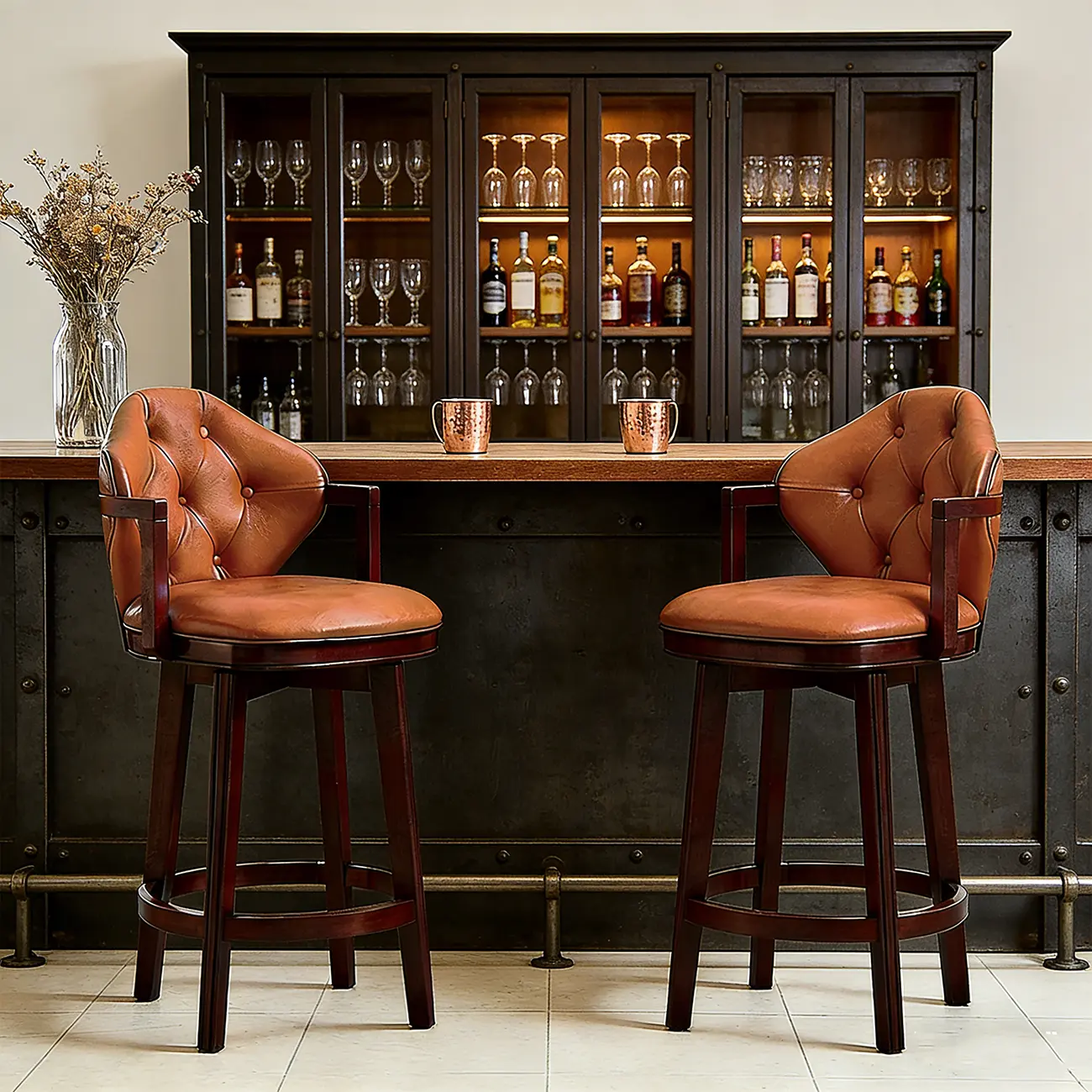 Genuine Leather Traditional Wingback Swivel Bar Stool Solid Wood Image - 1 | homeyfad