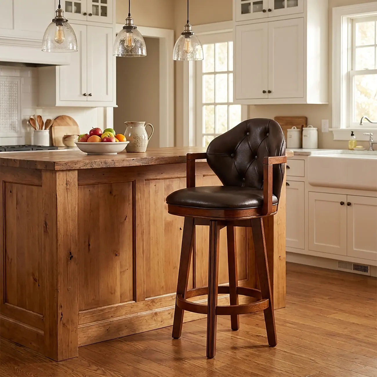 Genuine Leather Traditional Wingback Swivel Bar Stool Solid Wood Image - 2 | homeyfad