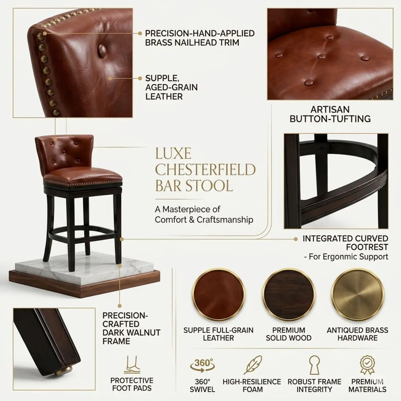 Solid Wood Genuine Leather Swivel Bar Stool Image - 13 | homeyfad