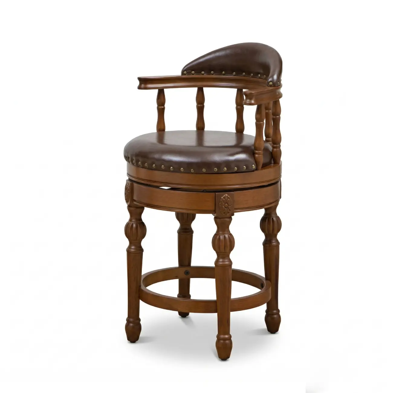 Traditional Brown Solid Wood Top-grain Leather Bar Stools Image - 19 | homeyfad