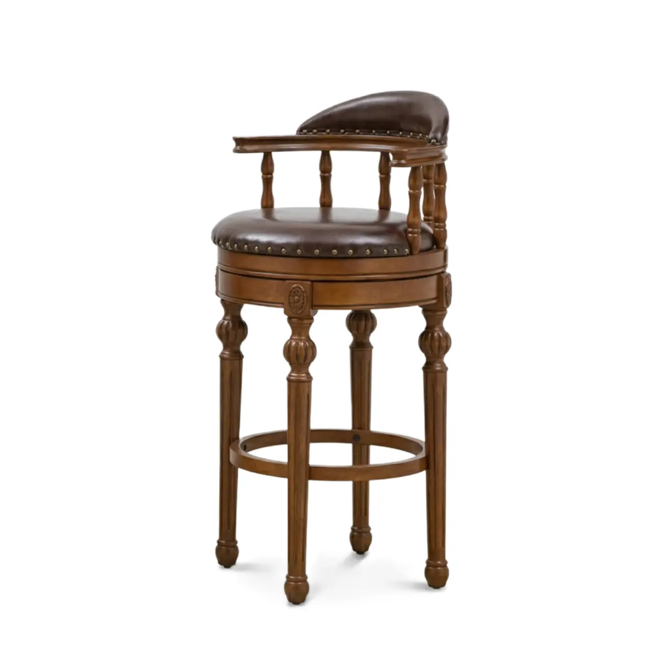 Traditional Brown Solid Wood Top-grain Leather Bar Stools Image - 20 | homeyfad