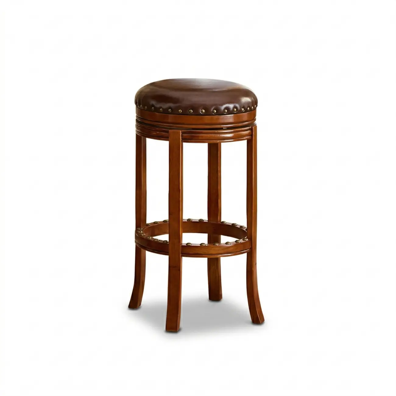 Traditional Brown Solid Wood Top-grain Leather Bar Stools Image - 21 | homeyfad
