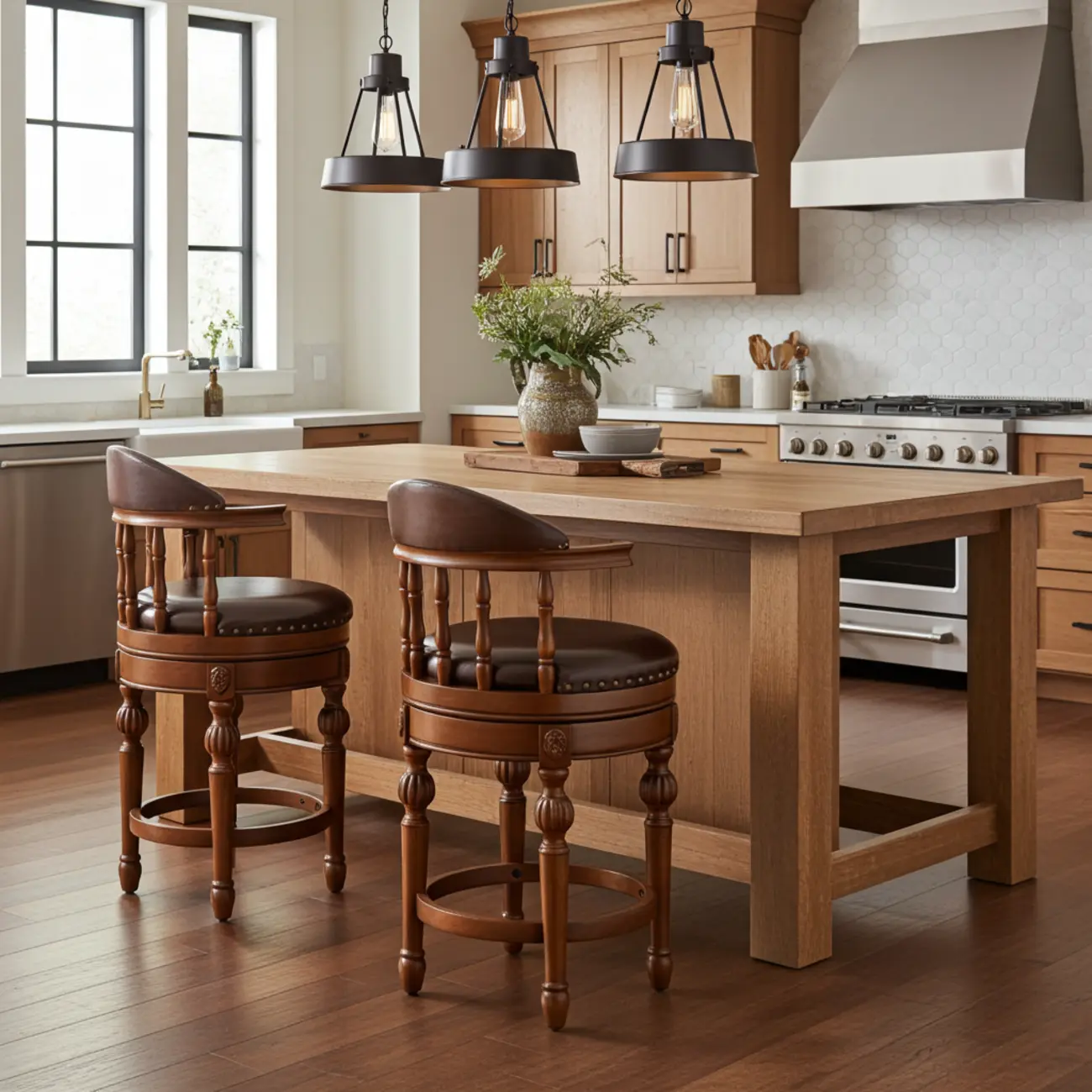 Traditional Brown Solid Wood Top-grain Leather Bar Stools Image - 5 | homeyfad