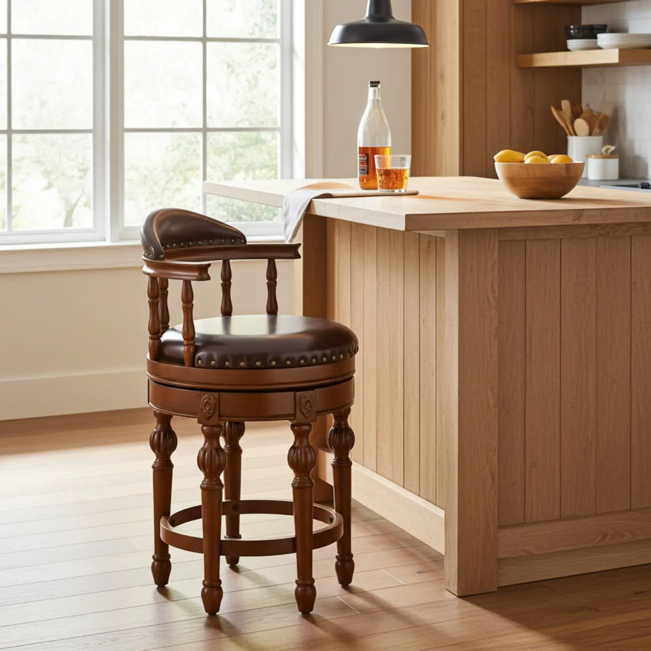 Traditional Brown Solid Wood Top-grain Leather Bar Stools Image - 9 | homeyfad