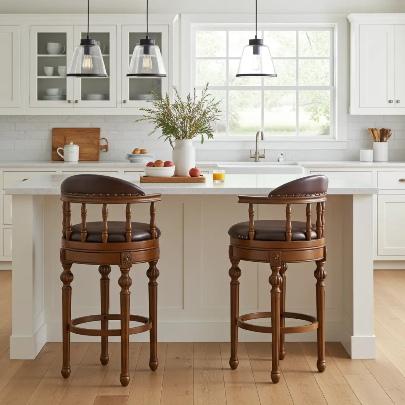 Traditional Brown Solid Wood Top-grain Leather Bar Stools Image - 2 | homeyfad