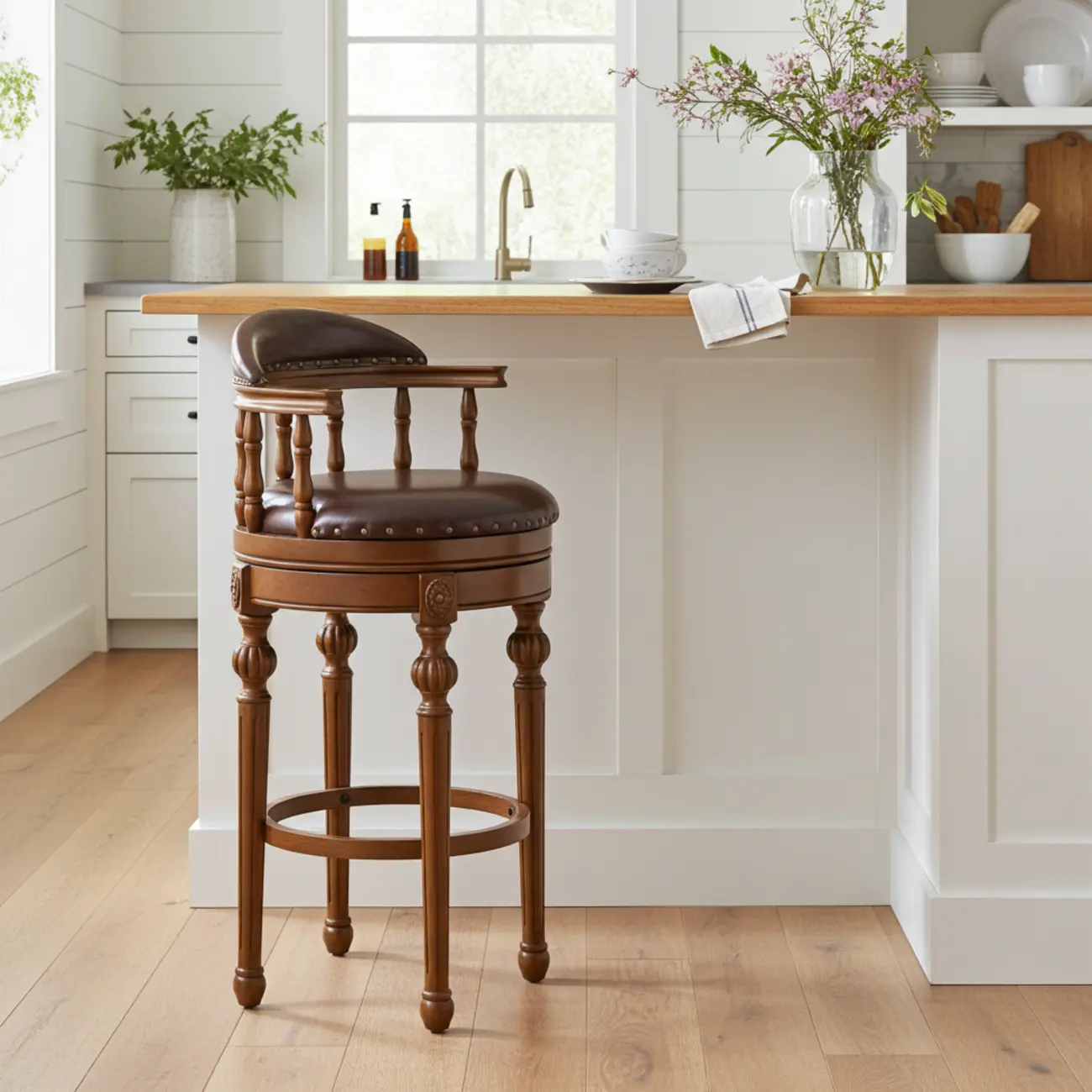 Traditional Brown Solid Wood Top-grain Leather Bar Stools Image - 10 | homeyfad