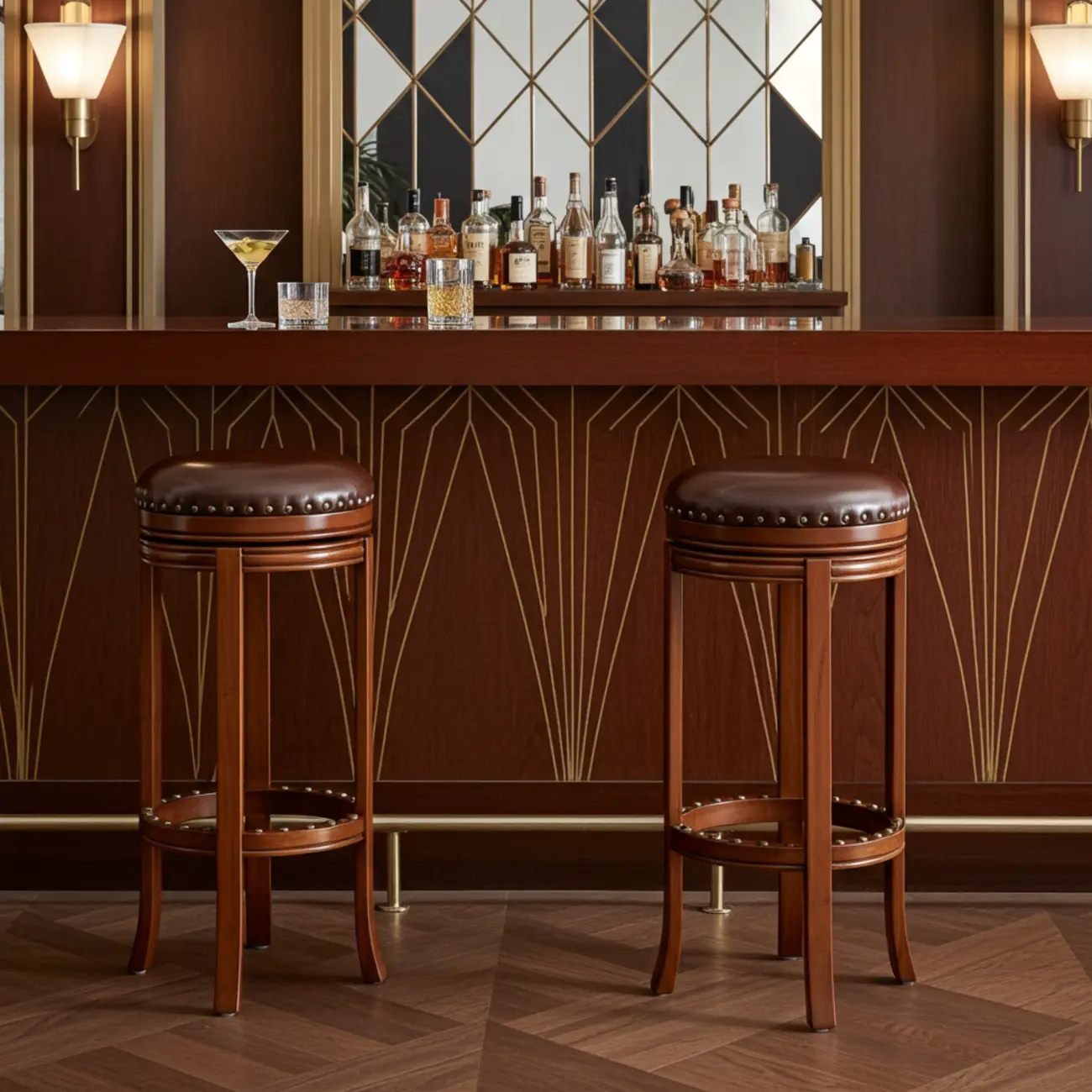 Traditional Brown Solid Wood Top-grain Leather Bar Stools Image - 6 | homeyfad
