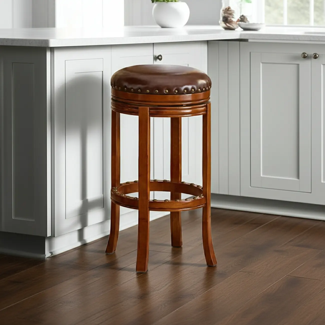Traditional Brown Solid Wood Top-grain Leather Bar Stools Image - 8 | homeyfad