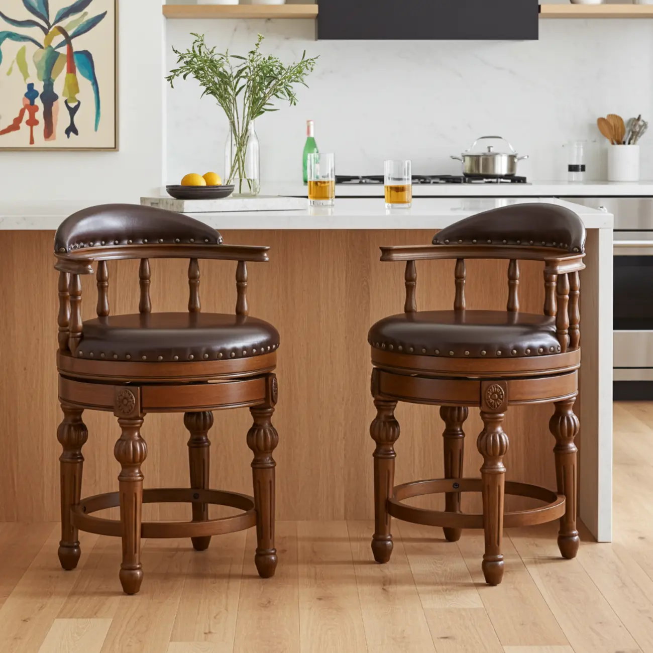 Traditional Brown Solid Wood Top-grain Leather Bar Stools Image - 3 | homeyfad