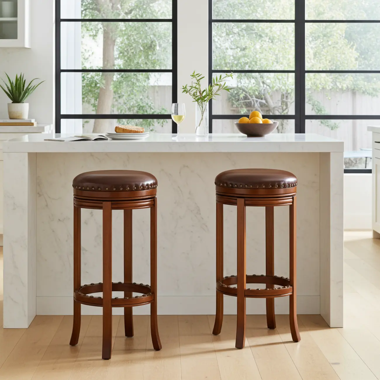 Traditional Brown Solid Wood Top-grain Leather Bar Stools Image - 4 | homeyfad