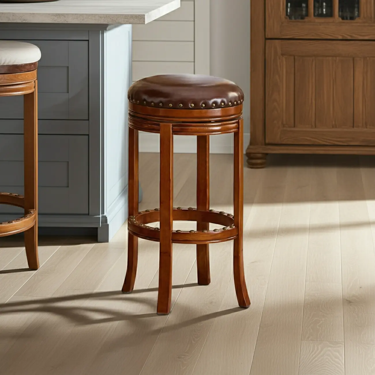 Traditional Brown Solid Wood Top-grain Leather Bar Stools Image - 7 | homeyfad