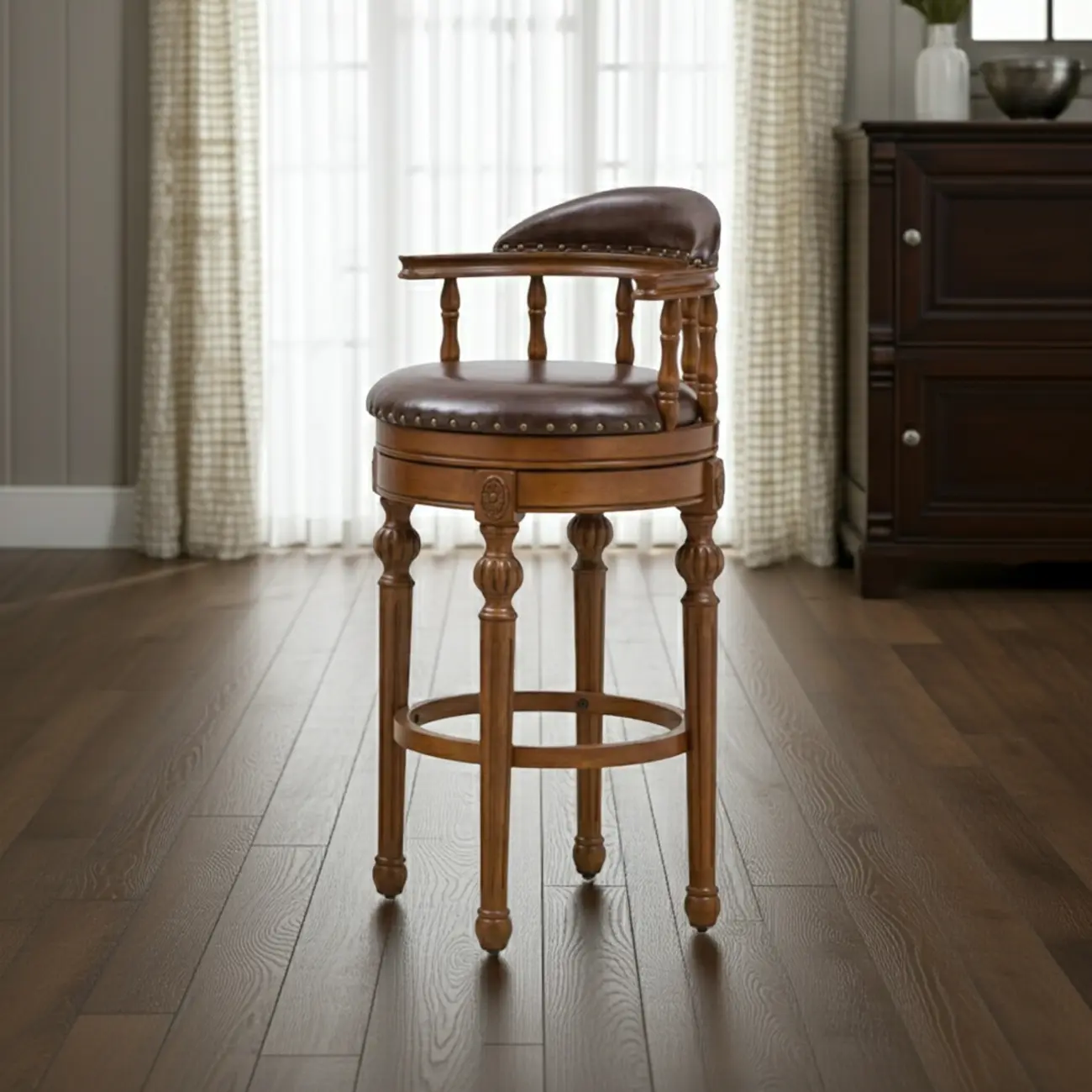 Traditional Brown Solid Wood Top-grain Leather Bar Stools Image - 13 | homeyfad