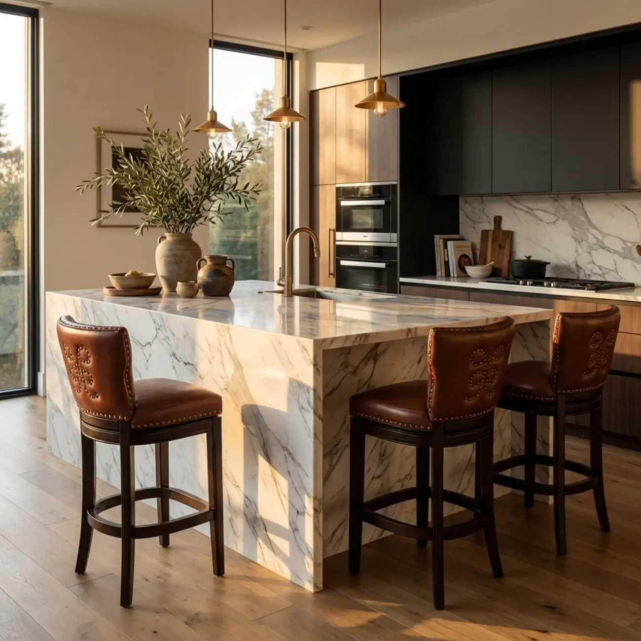 Solid Wood Genuine Leather Swivel Bar Stool Image - 4 | homeyfad