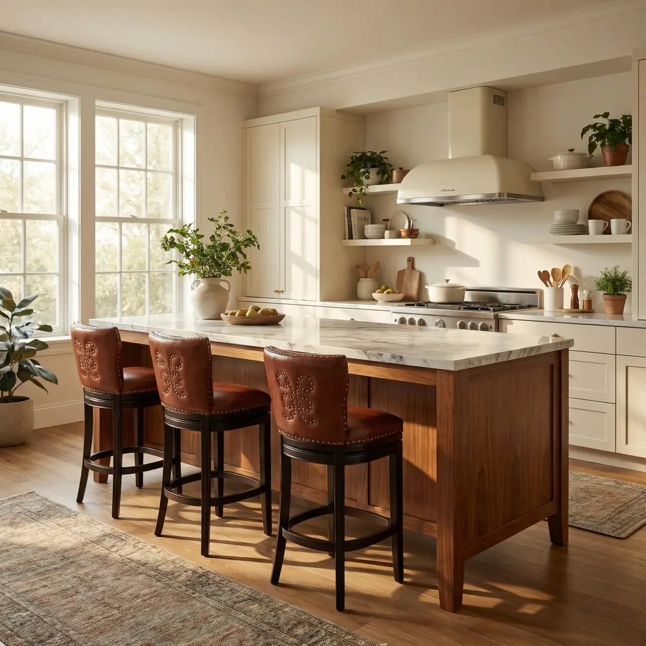 Solid Wood Genuine Leather Swivel Bar Stool Image - 6 | homeyfad