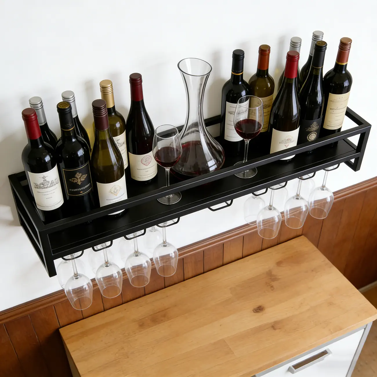 Floating Mount Metal Wine Glasses and Bottle Rack with Hook Image - 2 | homeyfad