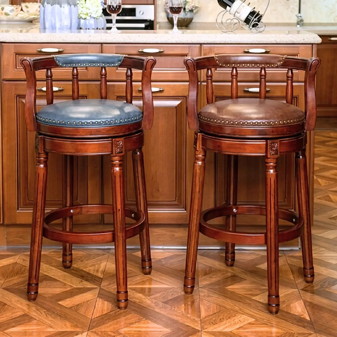 Swivel Counter Height Bar Stools in Genuine Leather & Walnut Solid Wood Image - 1 | homeyfad