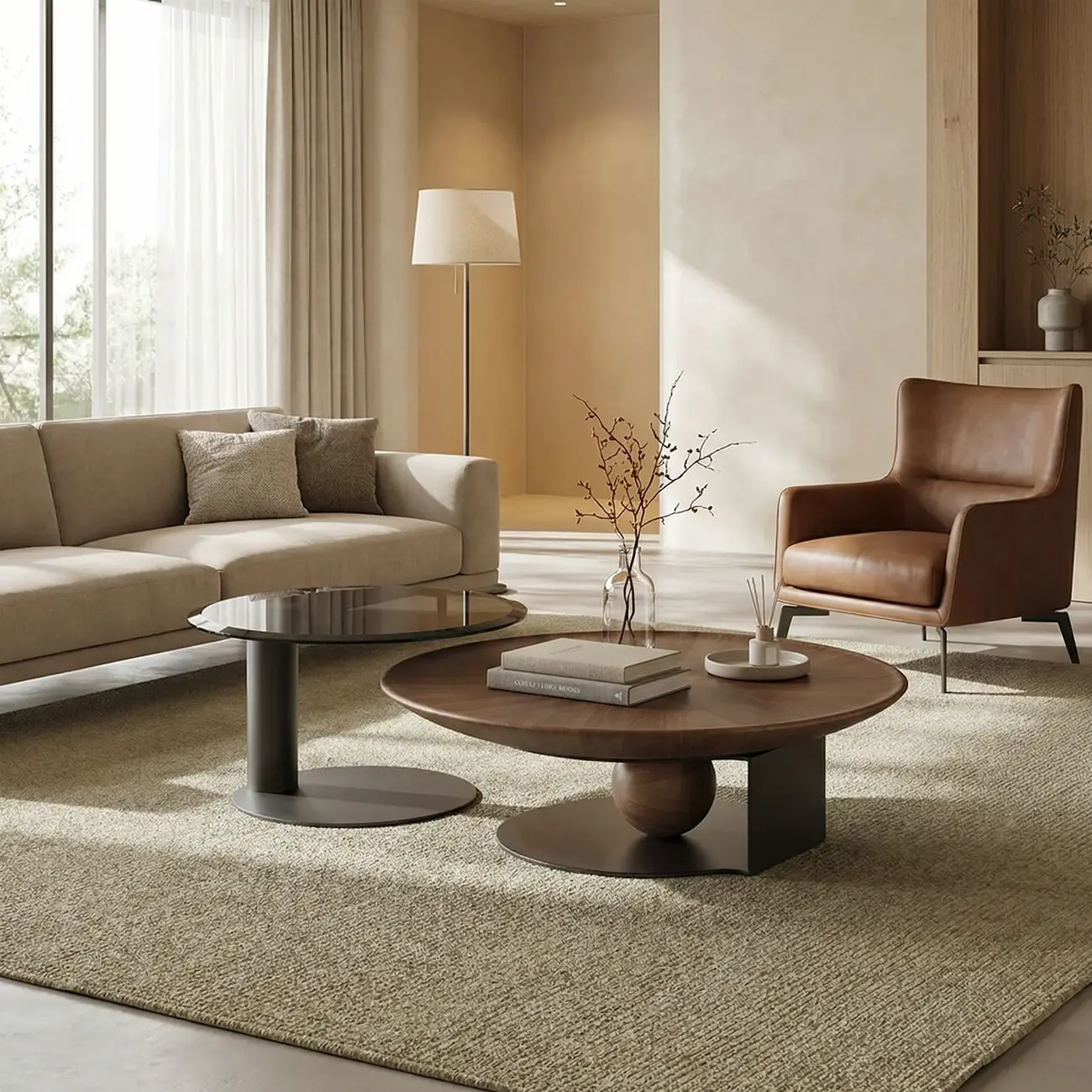 Brown Round Wood Nesting Coffee Table Steel Abstract Base Image - 2 | homeyfad