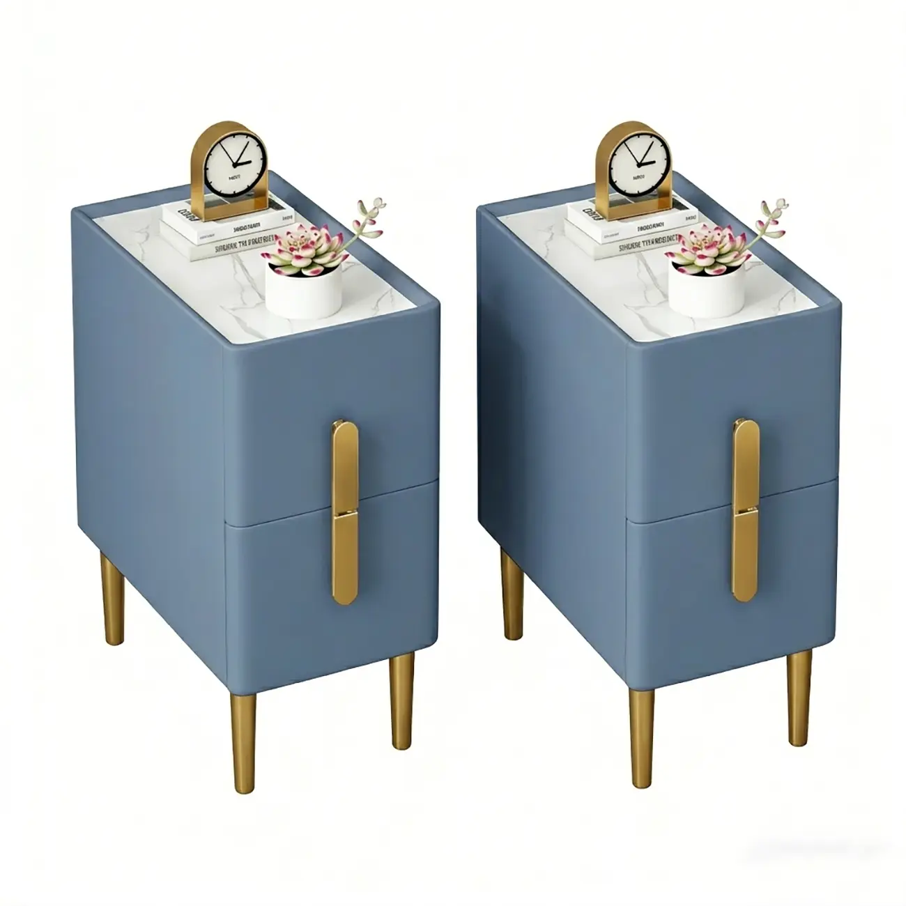 Modern Stone Countertop Faux Leather Nightstand with 2 Drawers Image - 13 | homeyfad