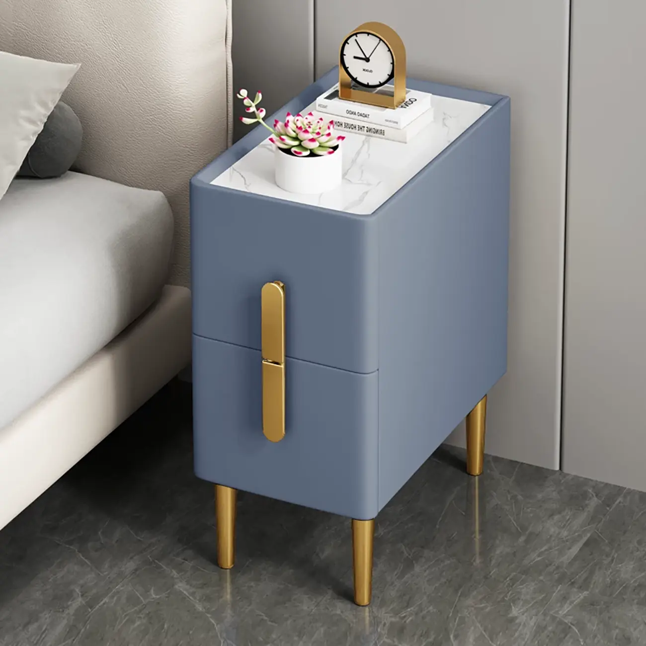 Modern Stone Countertop Faux Leather Nightstand with 2 Drawers Image - 3 | homeyfad
