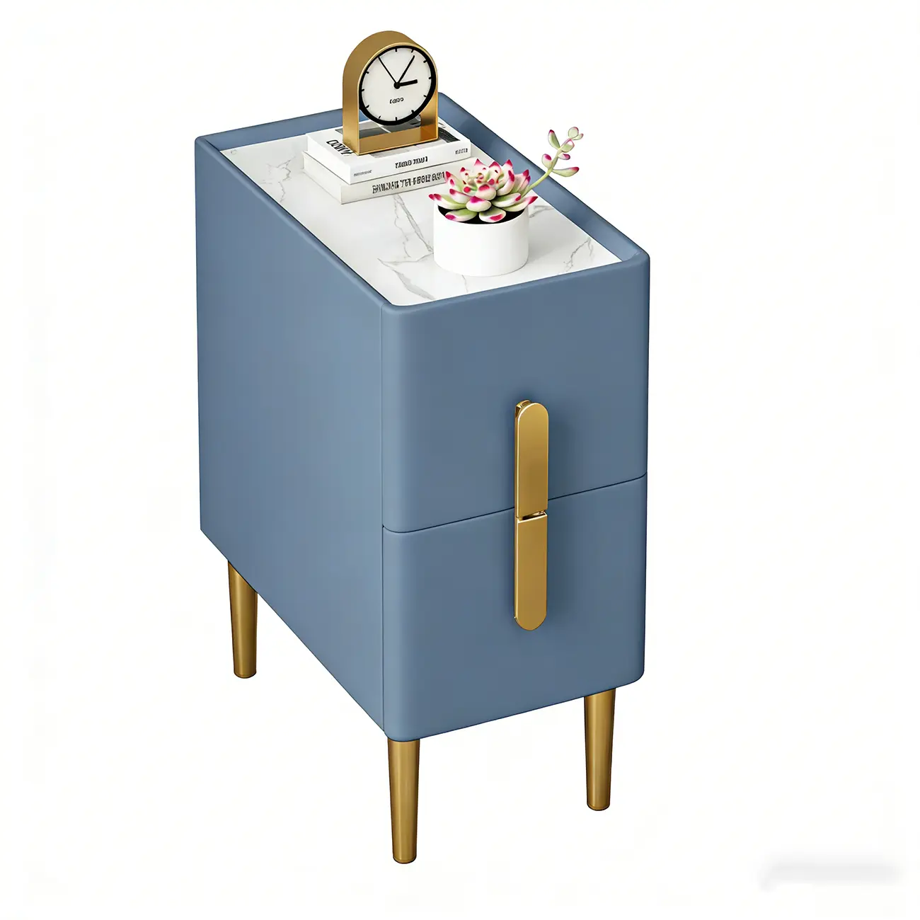 Modern Stone Countertop Faux Leather Nightstand with 2 Drawers Image - 12 | homeyfad