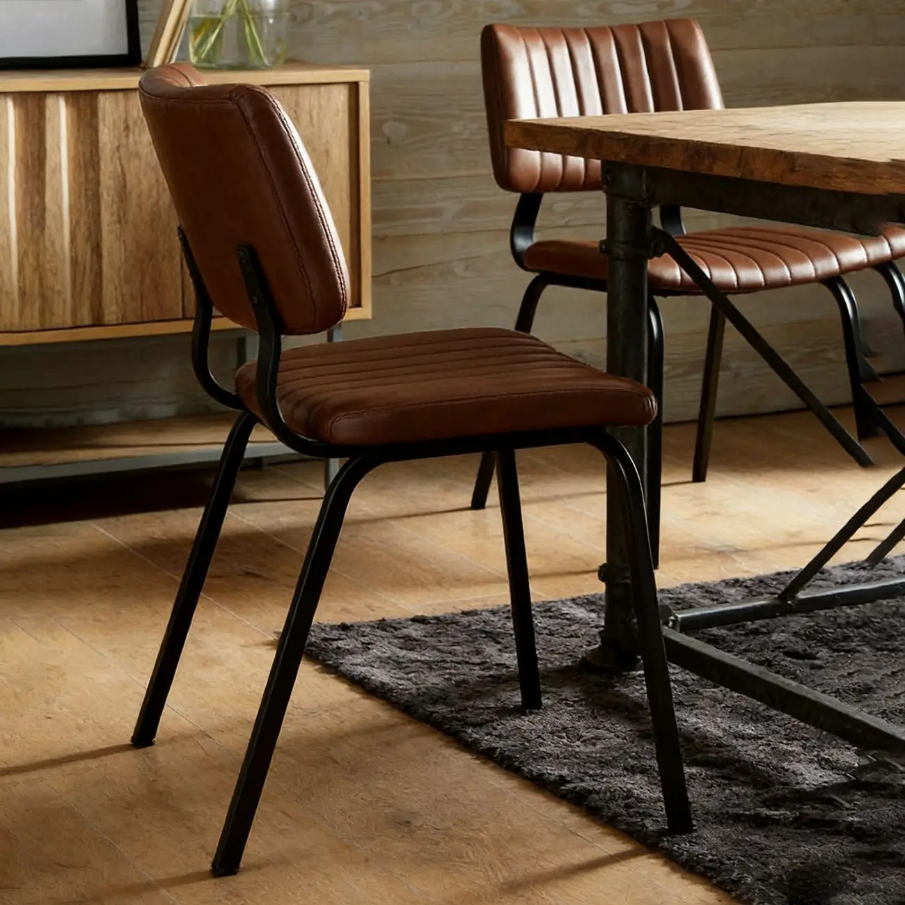 Industrial Armless Faux Leather Dining Chair Metal Legs Image - 9 | homeyfad
