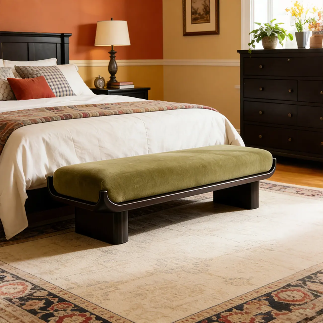 Modern Vintage Green Solid Wood Upholstered Bedroom Bench Image - 12 | homeyfad