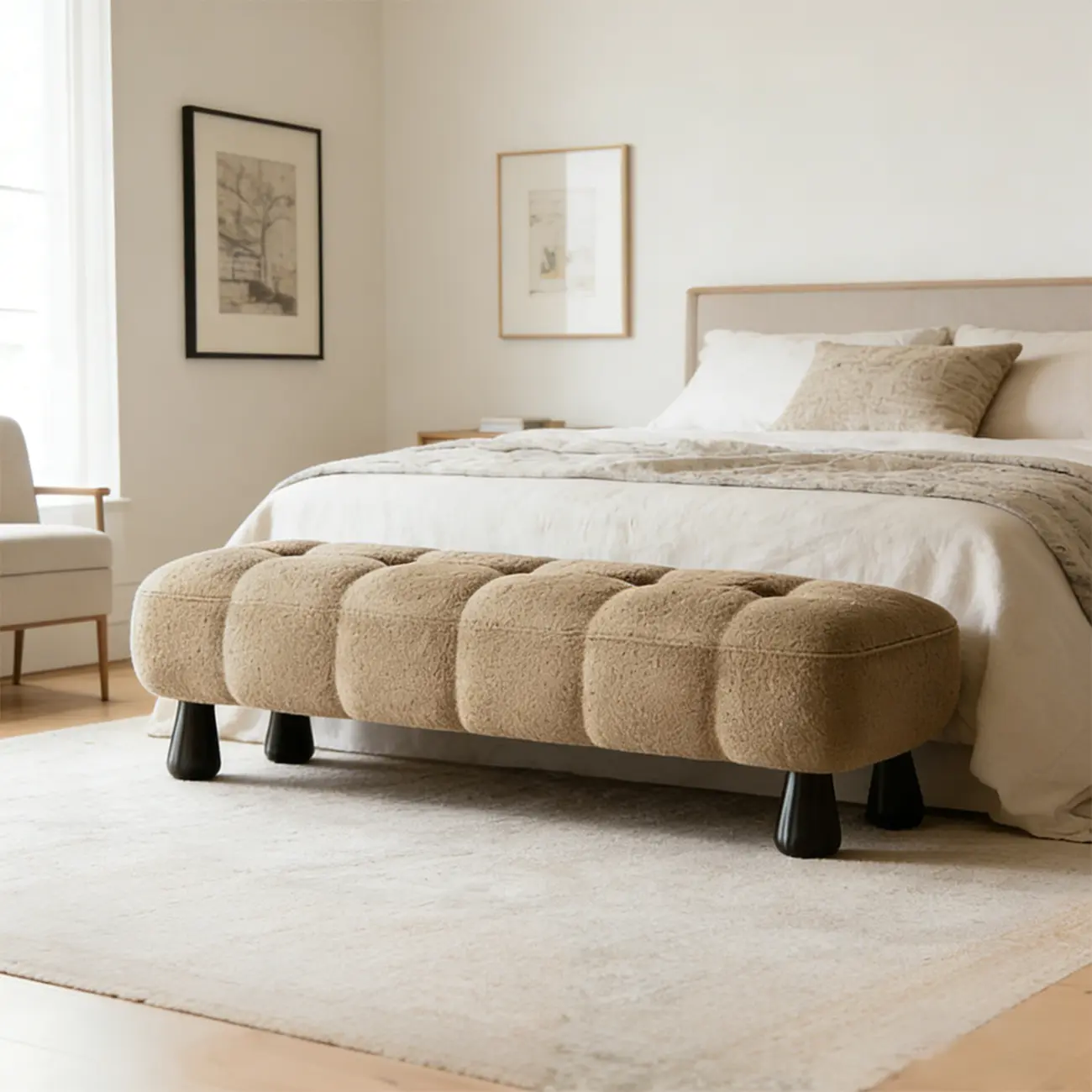 Minimalist Tufted Upholstered End of Bed Bench with Solid Wood Frame Image - 12 | homeyfad