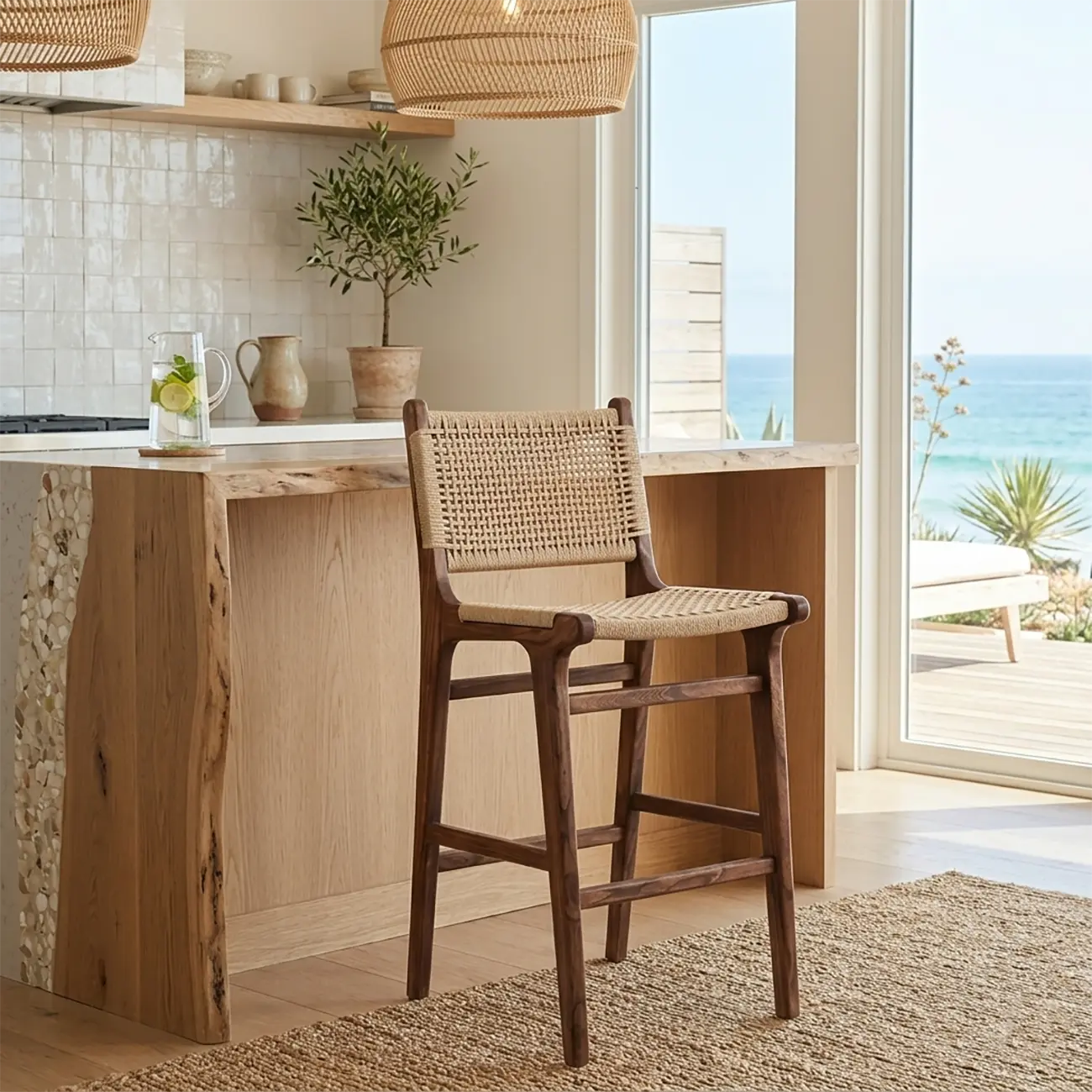 Scandinavian Solid Wood Counter Stool Woven Cord Backrest Image - 8 | homeyfad