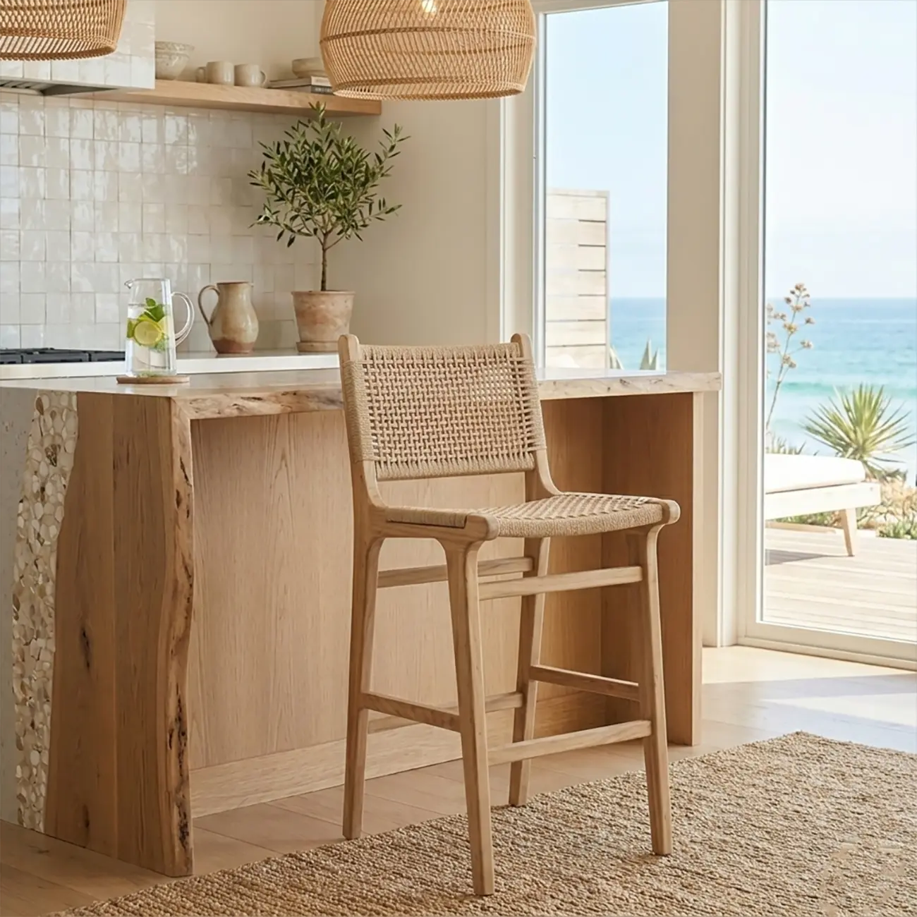 Scandinavian Solid Wood Counter Stool Woven Cord Backrest Image - 9 | homeyfad