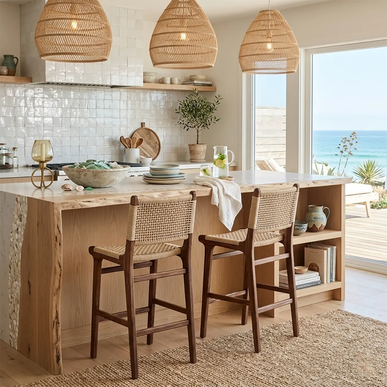 Scandinavian Solid Wood Counter Stool Woven Cord Backrest Image - 1 | homeyfad