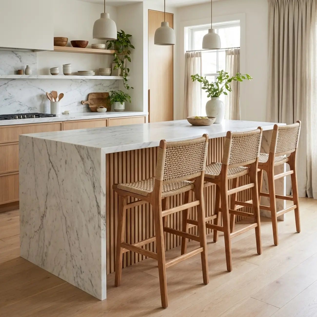 Scandinavian Solid Wood Counter Stool Woven Cord Backrest Image - 4 | homeyfad