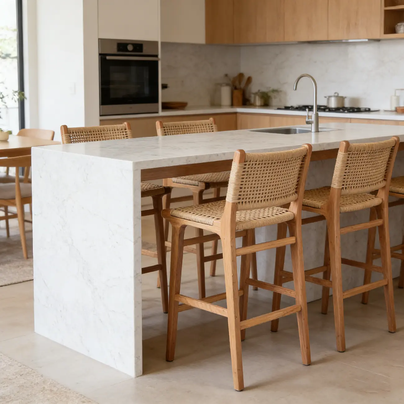 Scandinavian Solid Wood Counter Stool Woven Cord Backrest Image - 3 | homeyfad