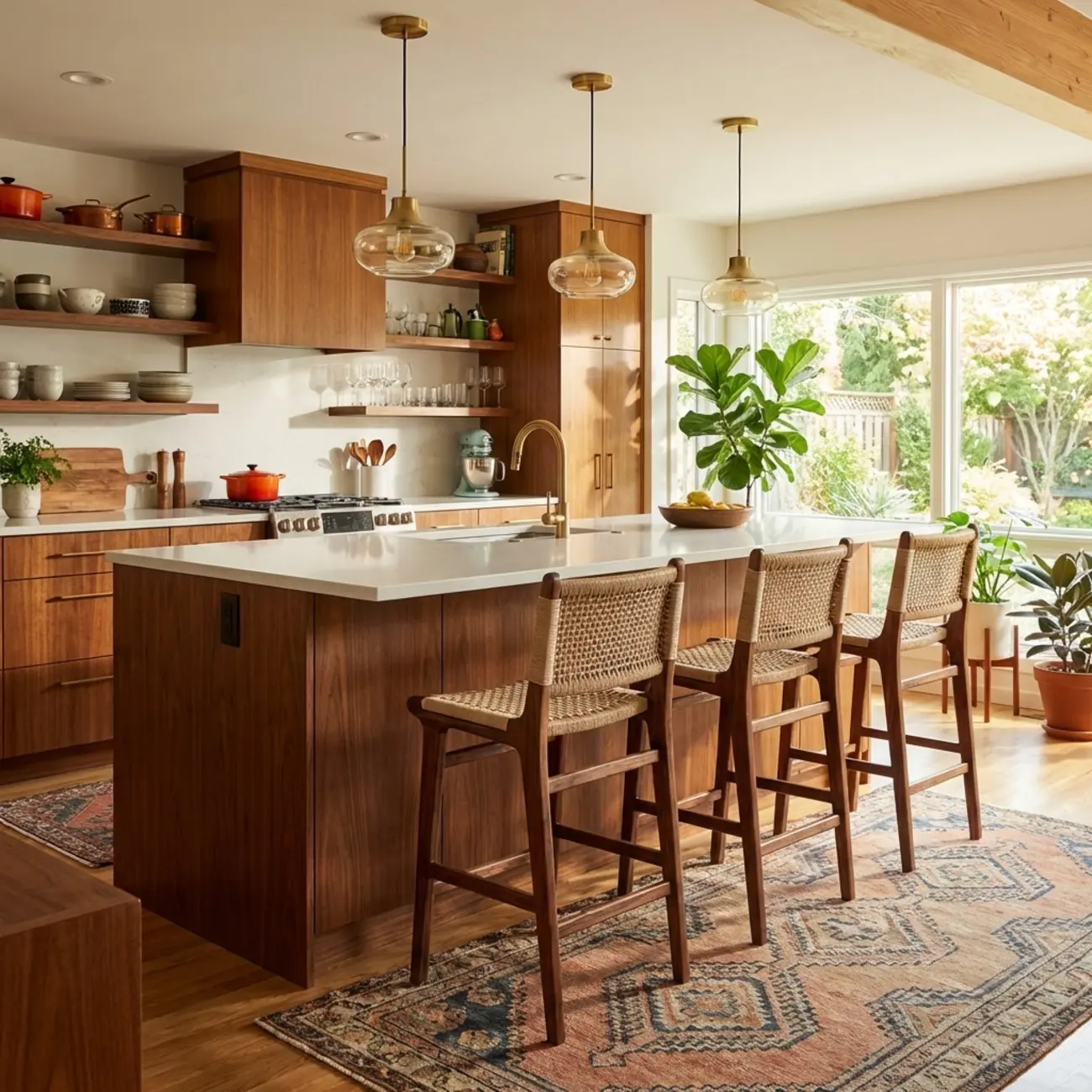 Scandinavian Solid Wood Counter Stool Woven Cord Backrest Image - 2 | homeyfad