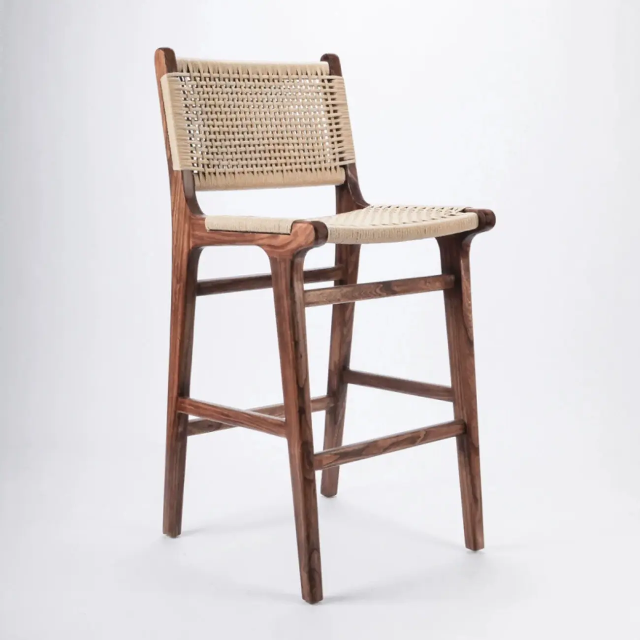 Scandinavian Solid Wood Counter Stool Woven Cord Backrest Image - 13 | homeyfad