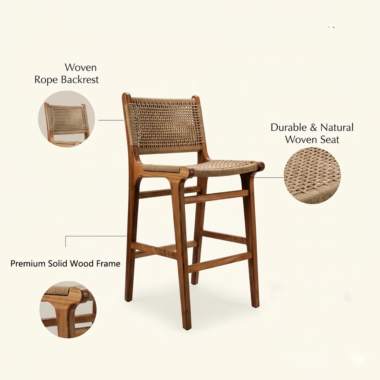 Scandinavian Solid Wood Counter Stool Woven Cord Backrest Image - 5 | homeyfad