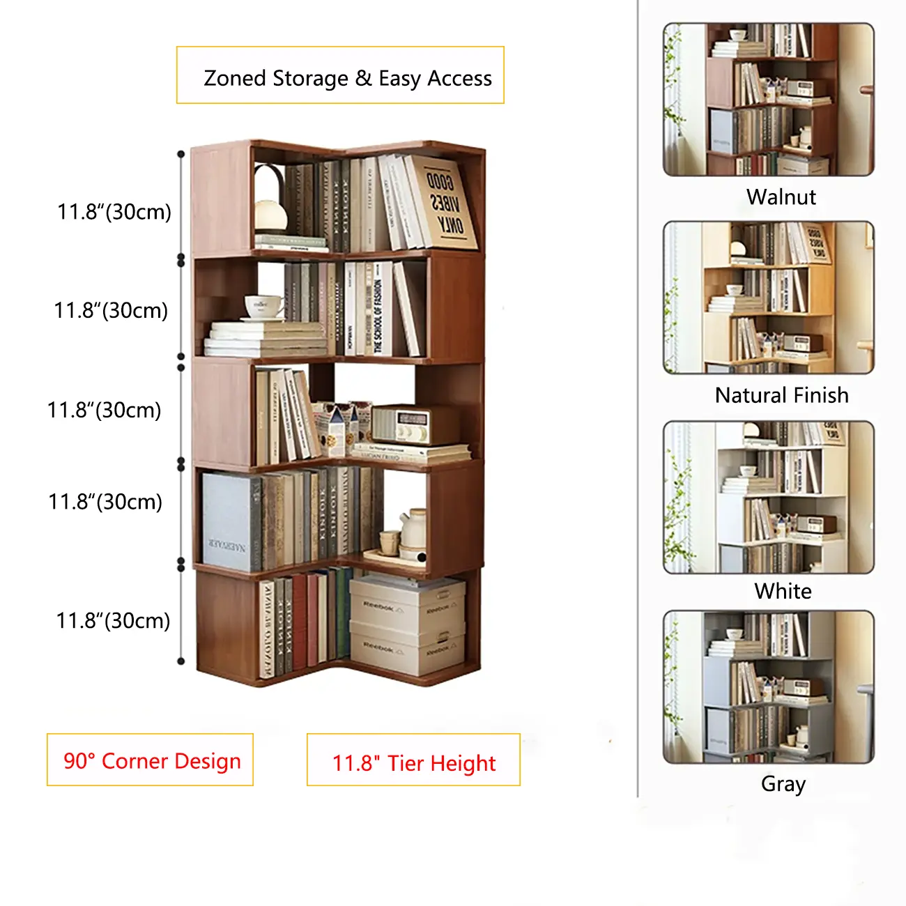 Vertical Wood L-Shape Corner Bookcase with Storage Image - 5 | homeyfad