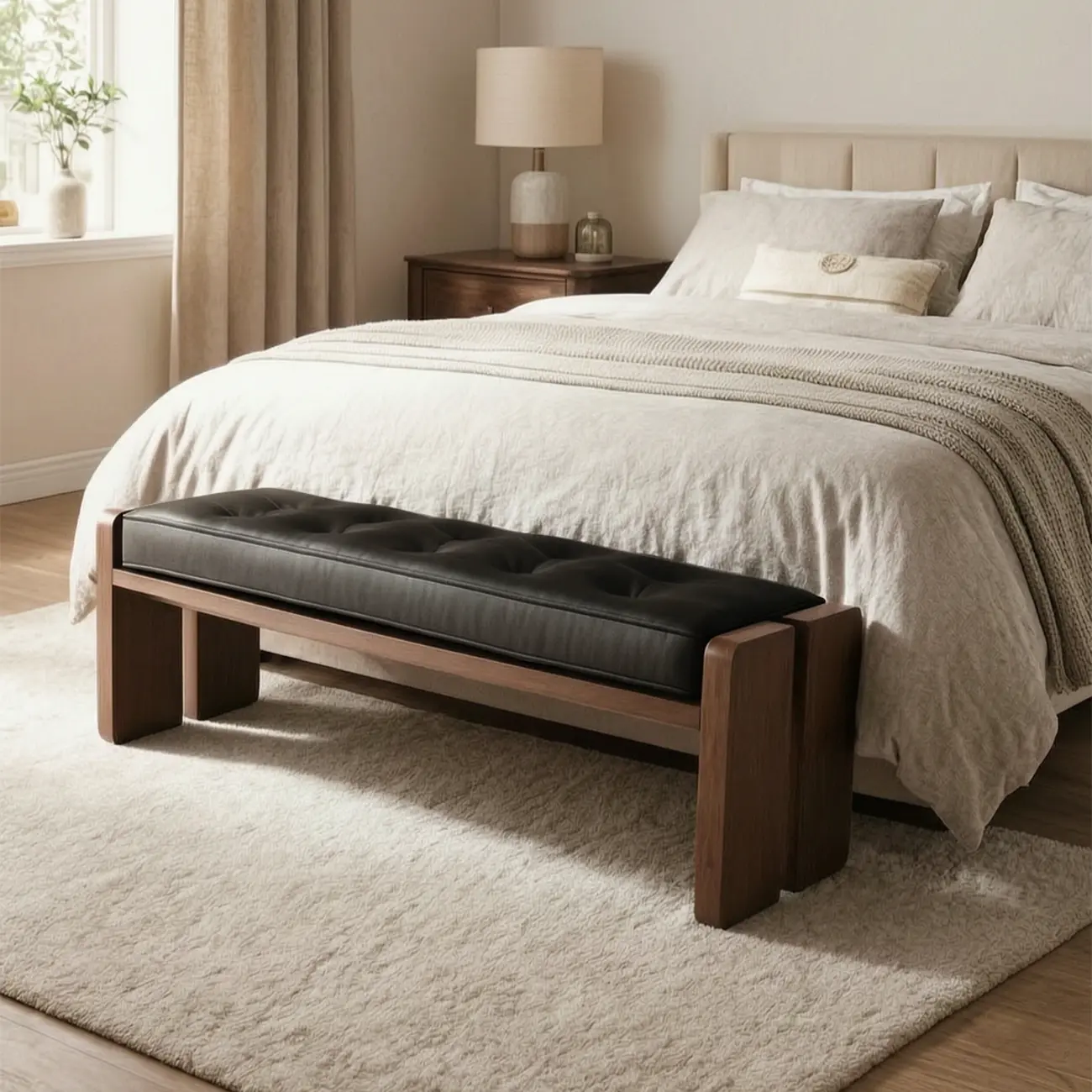 Mid-century Modern Solid Wood Frame Entryway Bench Image - 13 | homeyfad