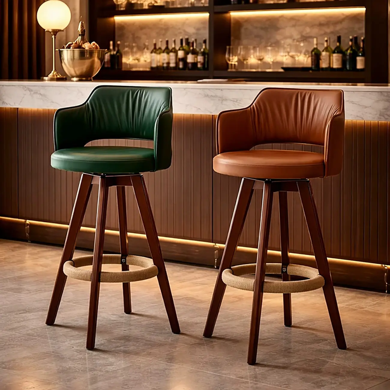 Counter Swivel Leather Wooden Bar Stools With Footrest Image - 3 | homeyfad