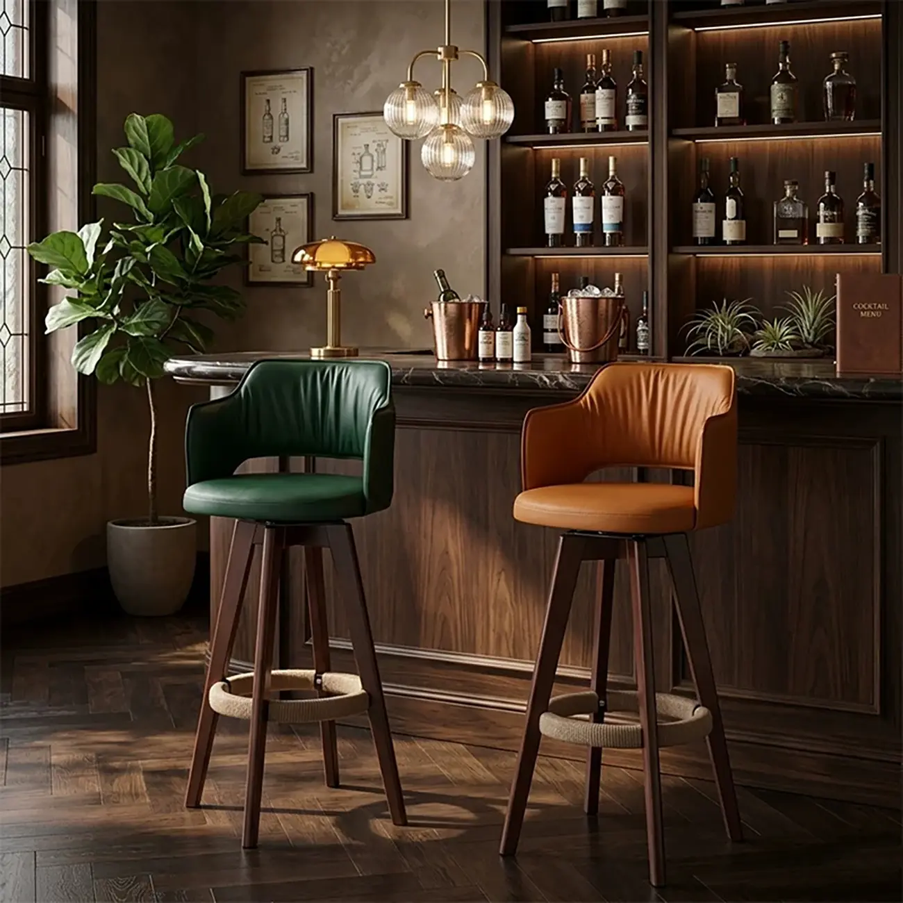 Counter Swivel Leather Wooden Bar Stools With Footrest Image - 4 | homeyfad