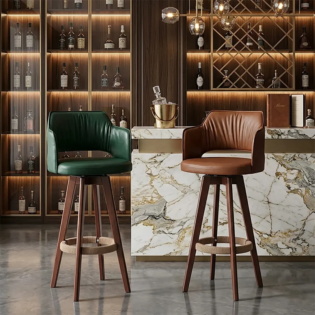 Counter Swivel Leather Wooden Bar Stools With Footrest Image - 2 | homeyfad