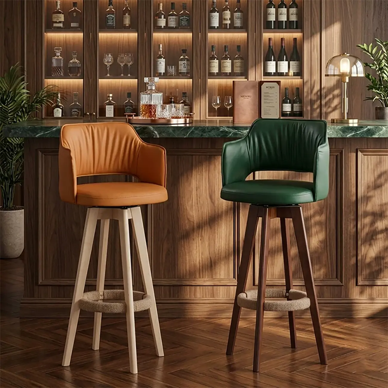 Counter Swivel Leather Wooden Bar Stools With Footrest Image - 1 | homeyfad