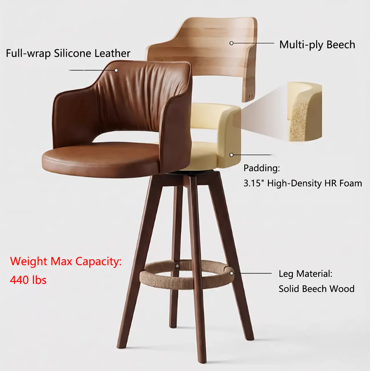 Counter Swivel Leather Wooden Bar Stools With Footrest Image - 6 | homeyfad