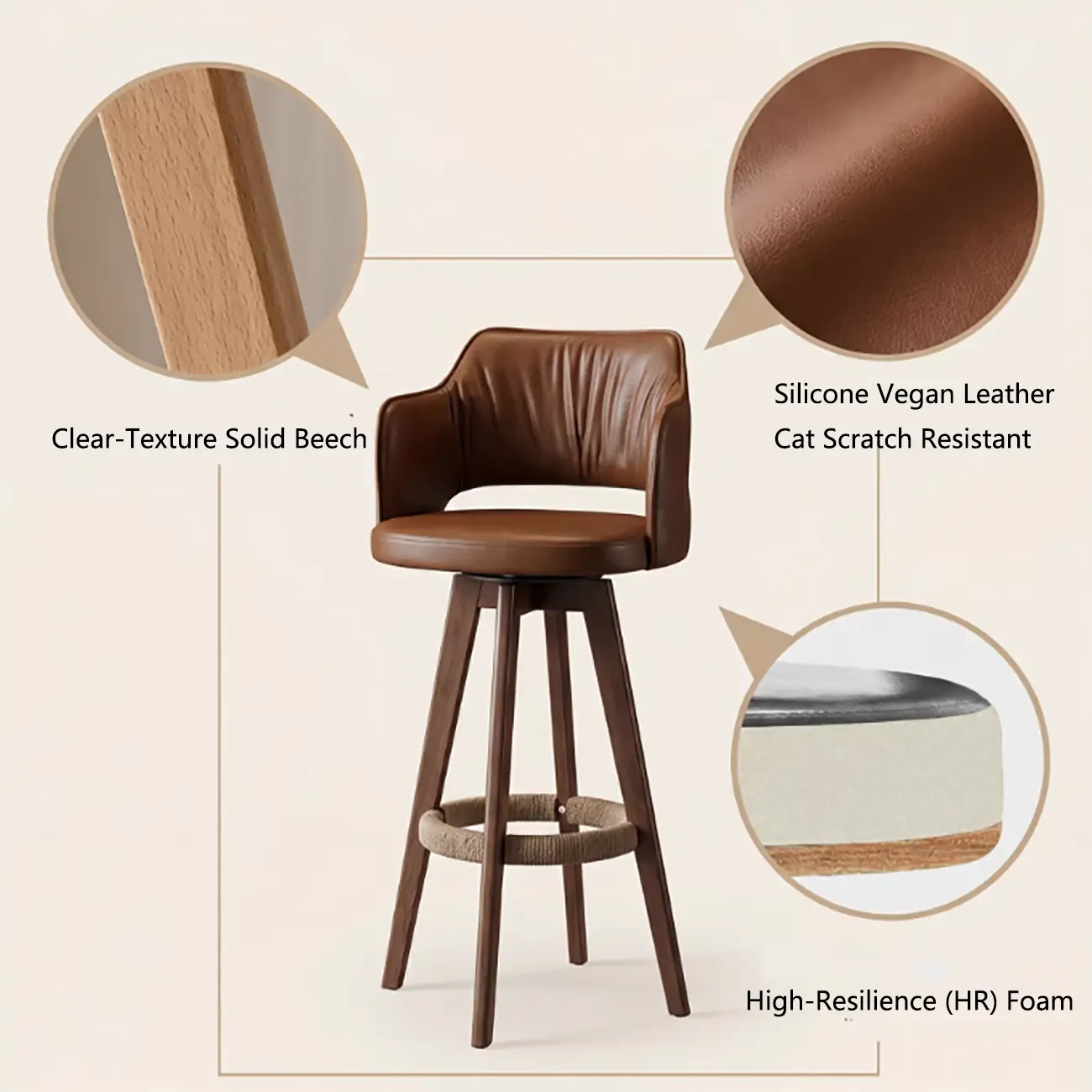 Counter Swivel Leather Wooden Bar Stools With Footrest Image - 7 | homeyfad