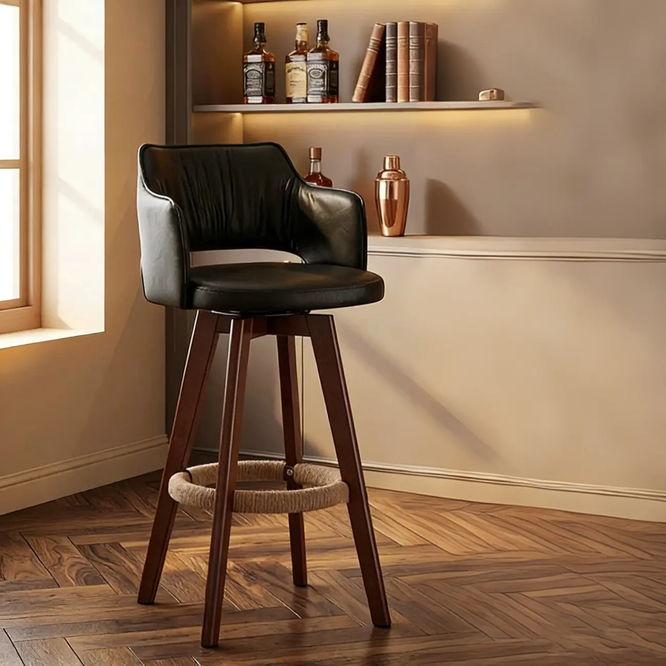 Counter Swivel Leather Wooden Bar Stools With Footrest Image - 11 | homeyfad