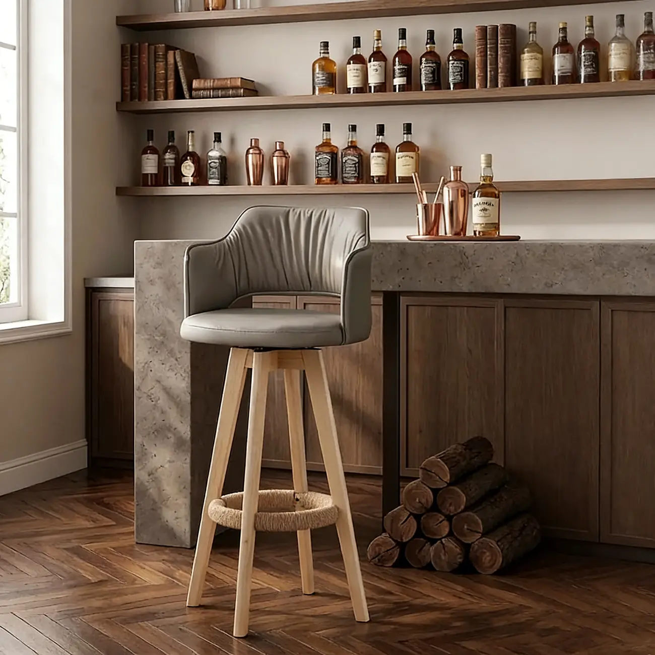 Counter Swivel Leather Wooden Bar Stools With Footrest Image - 12 | homeyfad